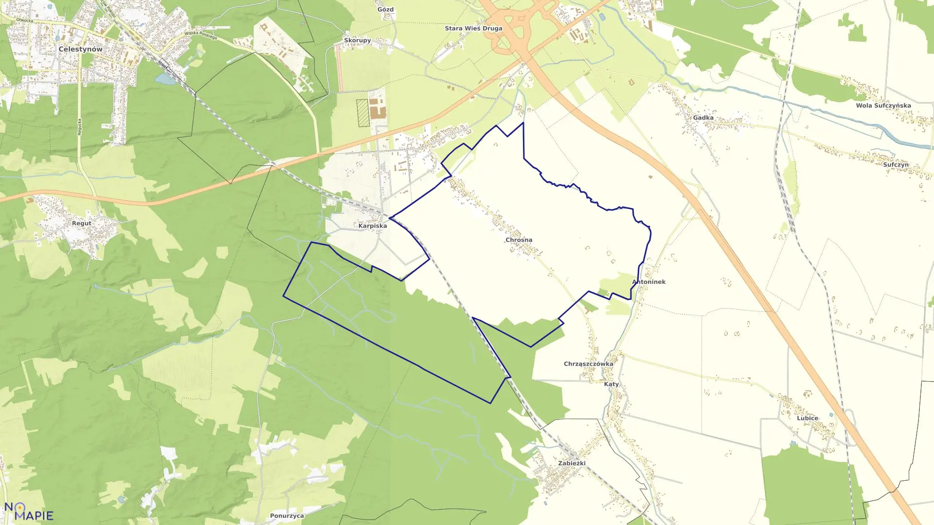 Mapa obrębu CHROSNA w gminie Kołbiel